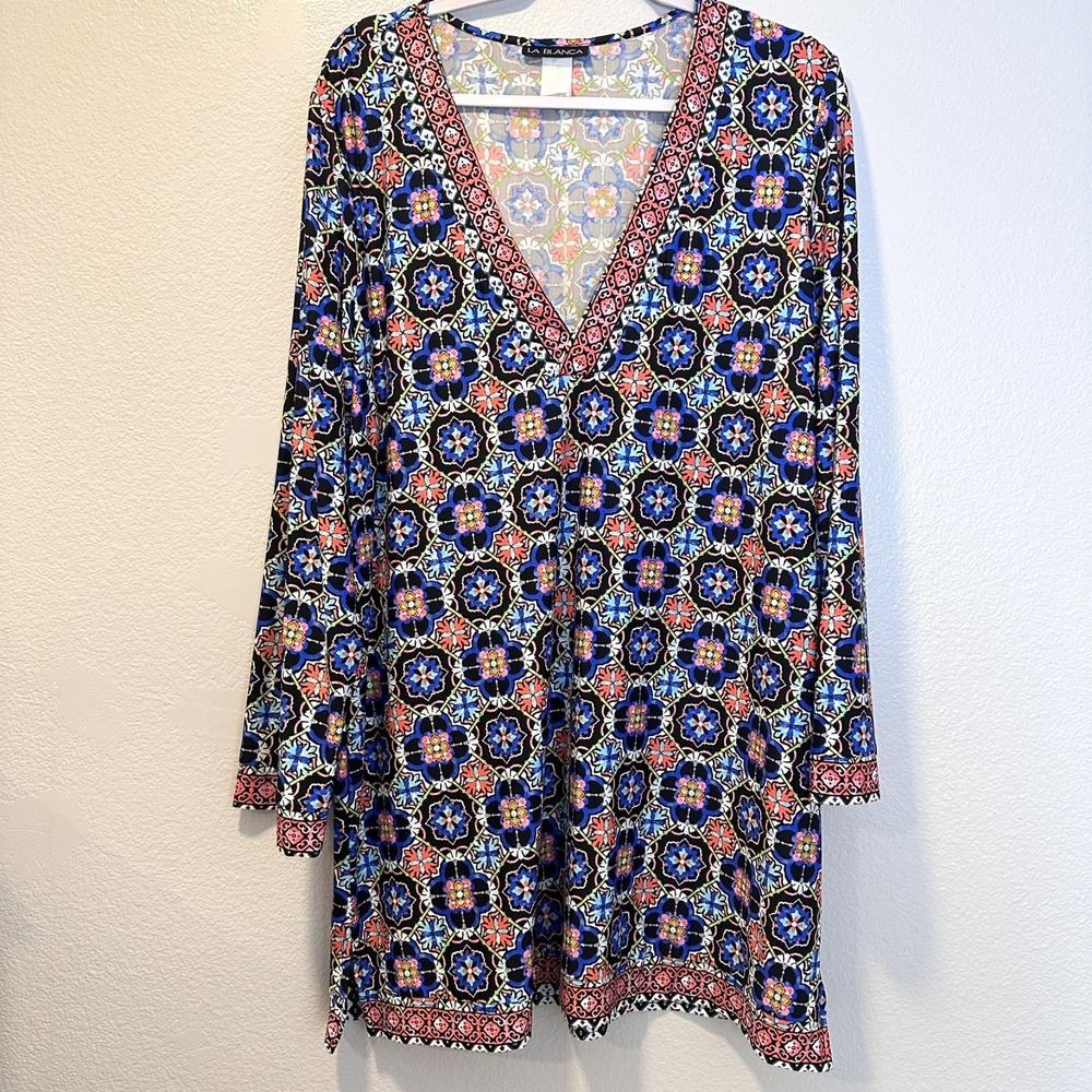 La Blanca Size-XL Women Tunic Dress Swim Cover Up Beach Mosaic Floral